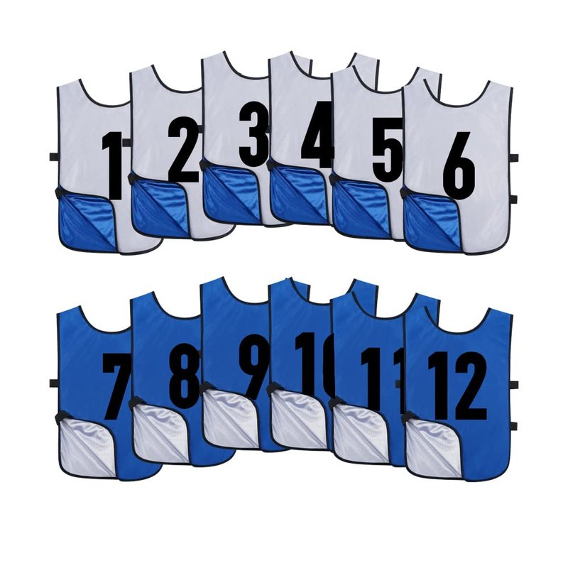 Saaifuu 12 Pack Reversible Numbered Pinnies, Double Sided Scrimmage Vest,Team Practice Jerseys for Kids and Adult(White/Dark Blue, L)