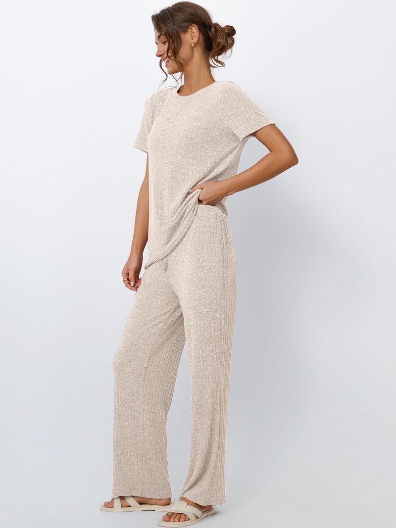 LILLUSORY 2 Piece Lounge Sets for Women Matching Summer Travel Outfits Spring Capsule Wardrobe Cruise Sets Cute Casual Pajamas Maternity 2026 Airport Clothes Apricot M