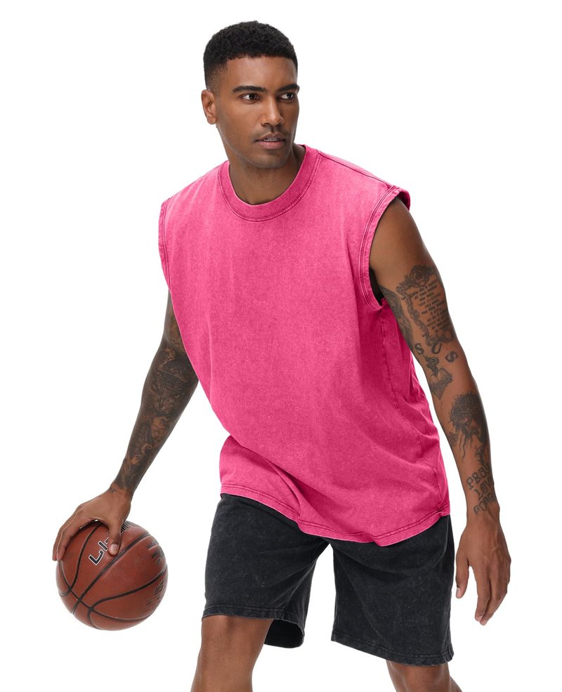 SnowElve Mens Workout Tank Tops Sleeveless Tee Shirts Men Muscle Shirt Gym Acid Wash T Shirts Running Beach Loose Fit Tee(PK,3XL) Pink