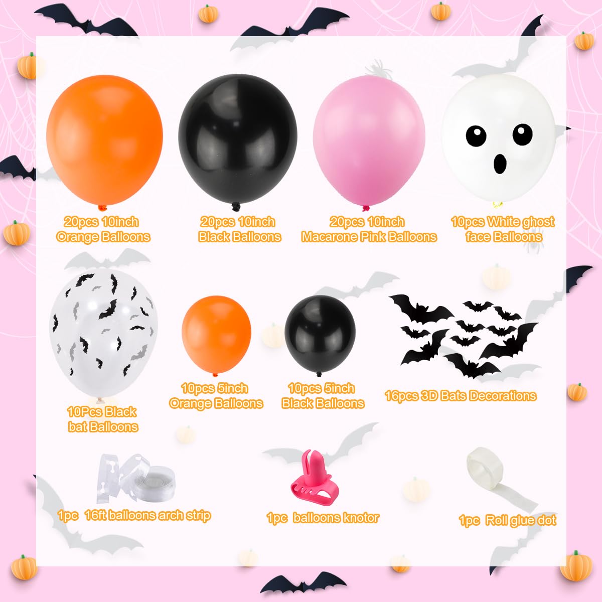 100Pcs Girls Halloween Balloons Arch Garland Kit, Pink Black Orange Halloween Balloons Arch Skull Balloons Bats Stickers for Halloween Theme Baby Shower Birthday Halloween Spooky Party Decorations