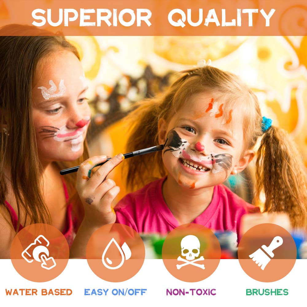 Senbos Face Paint Kit - 15 Vibrant Colors Non-Toxic Washable Makeup for Kids & Adults | Water-Based Halloween, Party, Cosplay | Includes 2 Brushes & Palette