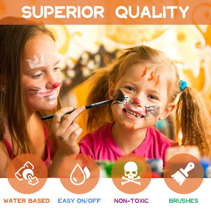 Senbos Face Paint Kit - 15 Vibrant Colors Non-Toxic Washable Makeup for Kids & Adults | Water-Based Halloween, Party, Cosplay | Includes 2 Brushes & Palette