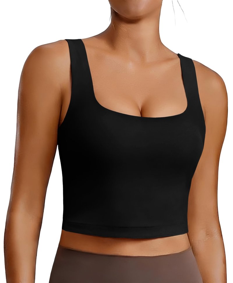 PINSPARK Black Sports Bra Women Square Neck Athletic Tops for Women Stretch Padded Workout Tank Built in Bra Longline Yoga Top Small,Black