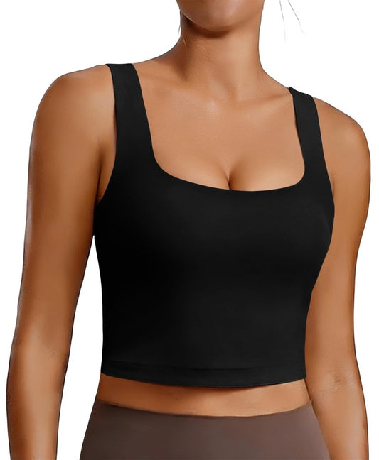 PINSPARK Black Sports Bra Women Square Neck Athletic Tops for Women Stretch Padded Workout Tank Built in Bra Longline Yoga Top Small,Black