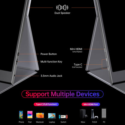 Portable Monitor 15.6 Inch 1080P USB-C HDMI Ultra-Slim Travel Monitor with Kickstand, for Laptop, PC, Mac Phone, PS, Xbox, Swich IPS Ultra-Thin Zero Frame Gaming