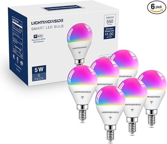 Lightinginside Smart Light Bulbs 50 Watt Equivalent, WiFi G16 1/2 Candelabra E12 Smart Bulbs Compatible with Alexa/Google Assistant, 5W 550LM, Ceiling Fan Light Bulbs, 2.4G WiFi Only, ETL Listed, 6PCS