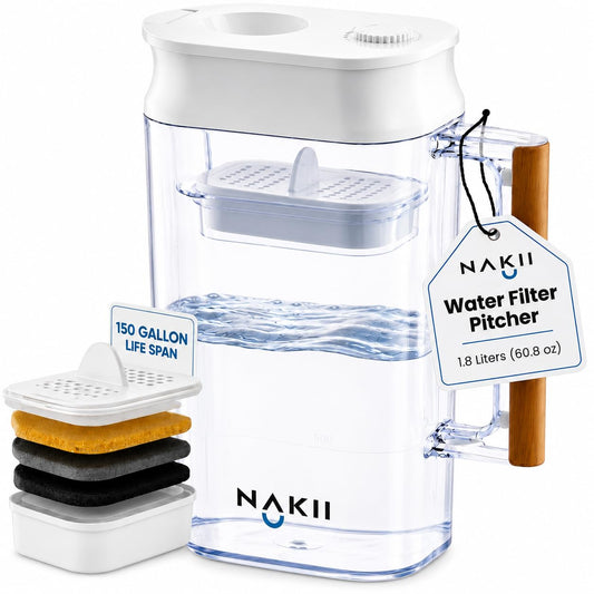 Nakii Water Filter Pitcher 1.8L - Long Lasting 150 Gallons Filtered Water Pitchers With Fast Filtration & Purification Technology - Removes Chlorine, Metals For Clean Tasting Water - WQA Certified