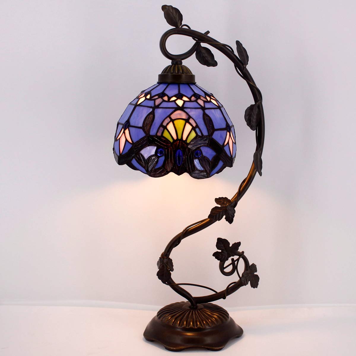 WERFACTORY Tiffany Table Lamp Blue Purple Stained Glass Baroque Style Reading Desk Light, Metal Leaf Base 8X10X21 Inches Decor Small Space Bedside Bedroom Home Office S003C Series