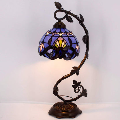 WERFACTORY Tiffany Table Lamp Blue Purple Stained Glass Baroque Style Reading Desk Light, Metal Leaf Base 8X10X21 Inches Decor Small Space Bedside Bedroom Home Office S003C Series