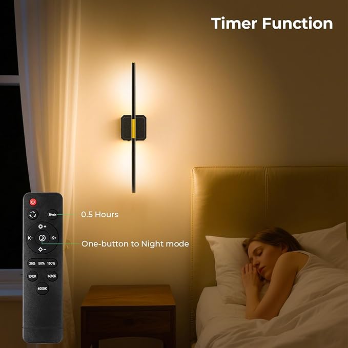 10000mAh Detachable Battery Operated Wall Sconce Set of 2, Wireless Wall Lamp 360°Rotate, 3000-6500K Dimmable, Rechargeable Modern Wall Light for Bedroom, Living Room，28.3" Black Gold