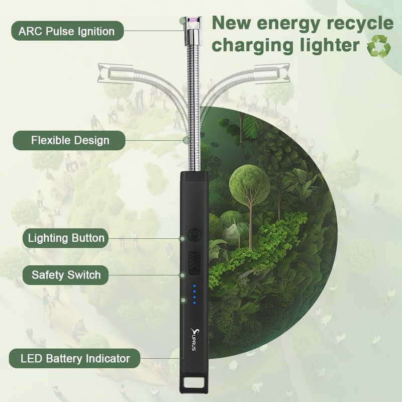 Rechargeable Electric Arc Candle Lighter - Triple Safety Design, Stainless Steel Shell | Black
