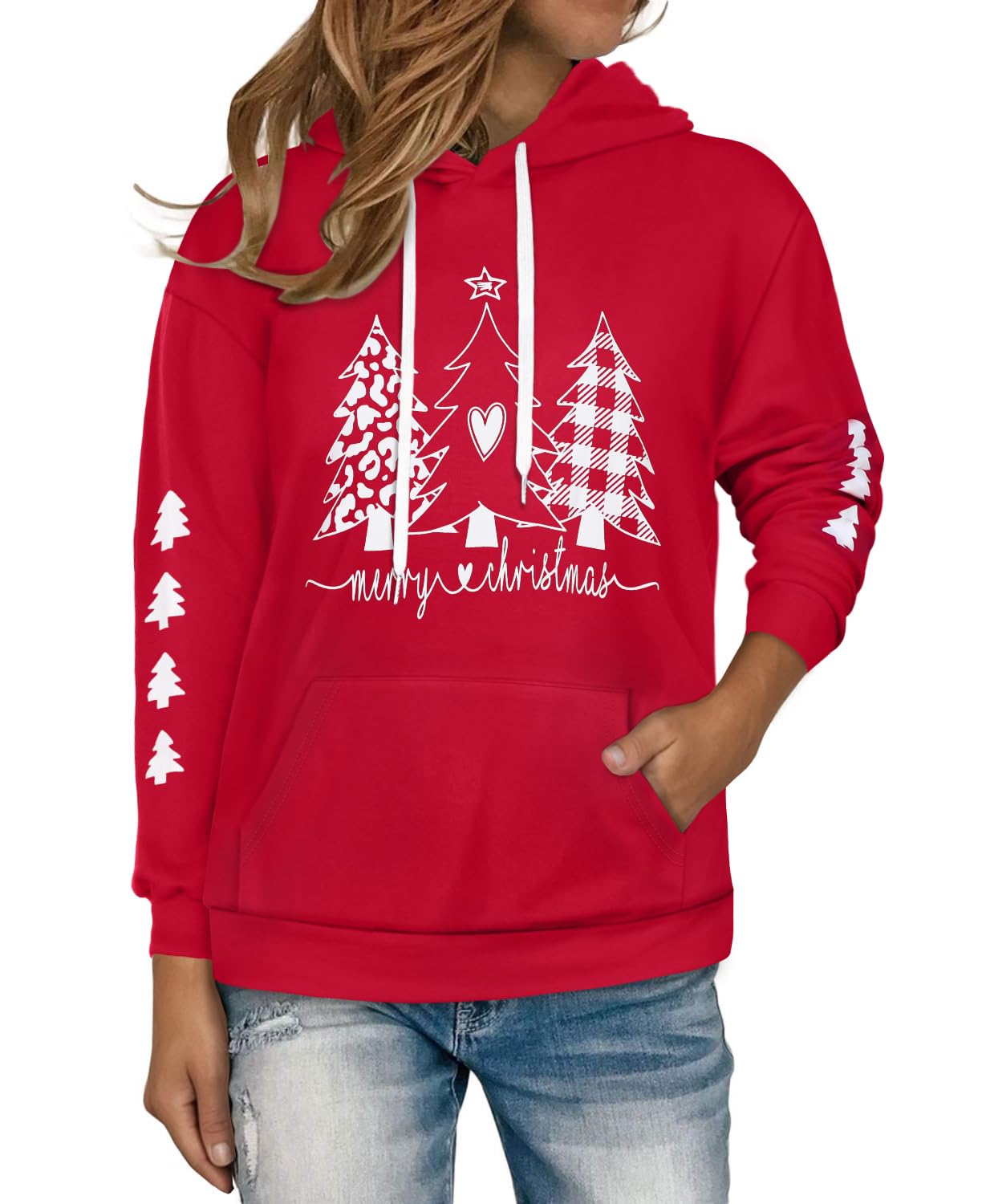 Women's Hoodies Long Sleeve Sweatshirts Drawstring Pullover Tops with Pocket Casual Loose Blouses Tunic (Red Christmas Tree,L)