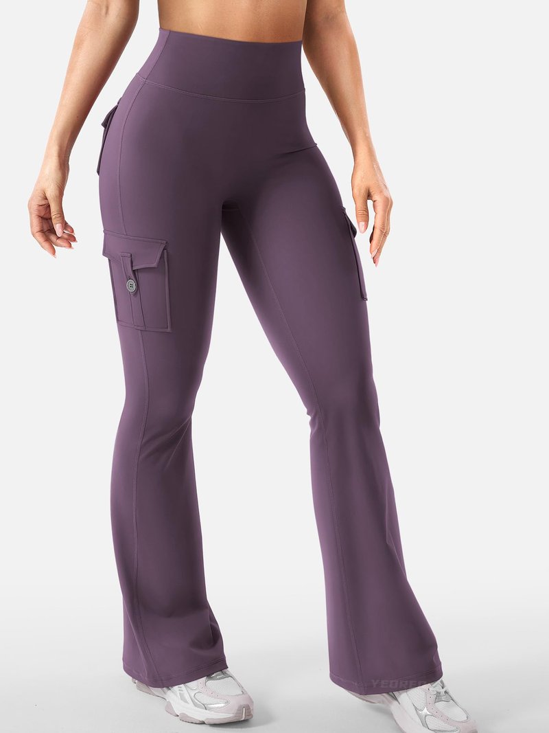 YEOREO CoreFlex Women Workout Flare Leggings with Pockets Hidden Scrunch High Waisted Cargo Gym Yoga Leggings Dark Berry XS