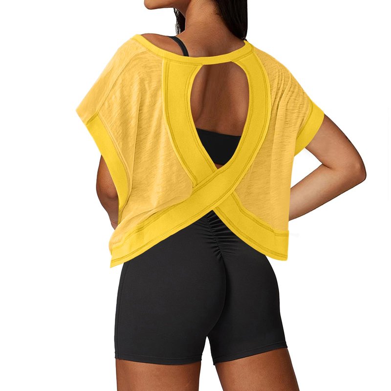 UNIANKIYA Open Back Workout Tops for Women Loose Fit Athletic Crop Tee Short Sleeve Gym Running Yoga Shirt Yellow