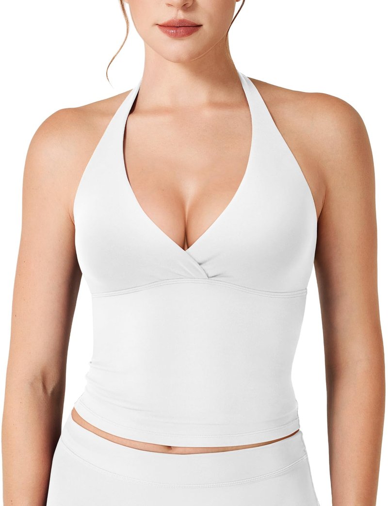 VOYJOY Women's Halter Tank Top Longline V Neck Sleeveless Backless Built in Bra Active Workout Gym Yoga Crop Tops White L
