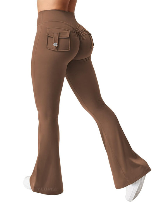 YEOREO CoreFlex Flare Leggings with Pockets for Women Scrunch Workout Leggings Butt Lifting Gym Yoga Pants Brown