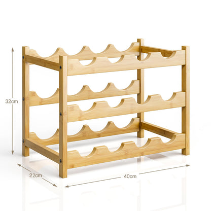 Dripex Bamboo Wine Rack, 12 Bottles Wine Holder Storage Shelf, 3-tire Small Freestanding Bottle Wine Rack for Countertop, Kitchen, Bar, Cellar (40 x 22 x 32 cm)