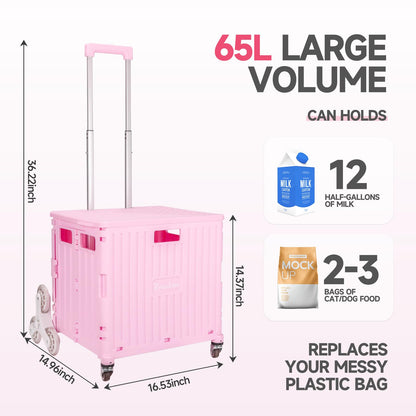 Foldable Rolling Cart for Stair Climbing: Rolling Crate for Grocery File Office Book (Pink)