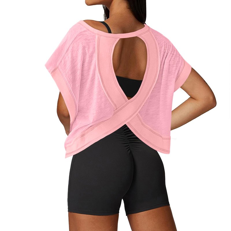 UNIANKIYA Open Back Workout Tops for Women Loose Fit Athletic Crop Tee Short Sleeve Gym Running Yoga Shirt