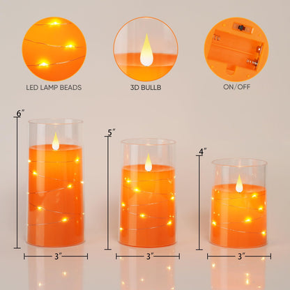Homemory Halloween Orange Flameless Candles with String Lights, Battery Operated LED Candles with Remote and Timer, Candles for Halloween Decoration, Fall, Harvest Festival