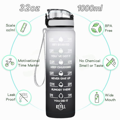 Enerbone 32 oz Water Bottle, Leakproof BPA & Toxic Free, Motivational Water Bottle with Times to Drink and Straw, Fitness Sports Water Bottle with Strap for Office, Gym, Outdoor Sports, Gray-Black