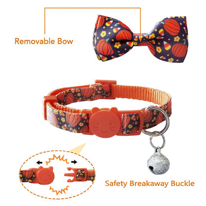 2 Pack Halloween Cat Collar with Bow Tie and Bell, Holiday Pumpkin Candy Corn Collar for Kitty Kitten Girls and Boys Cats