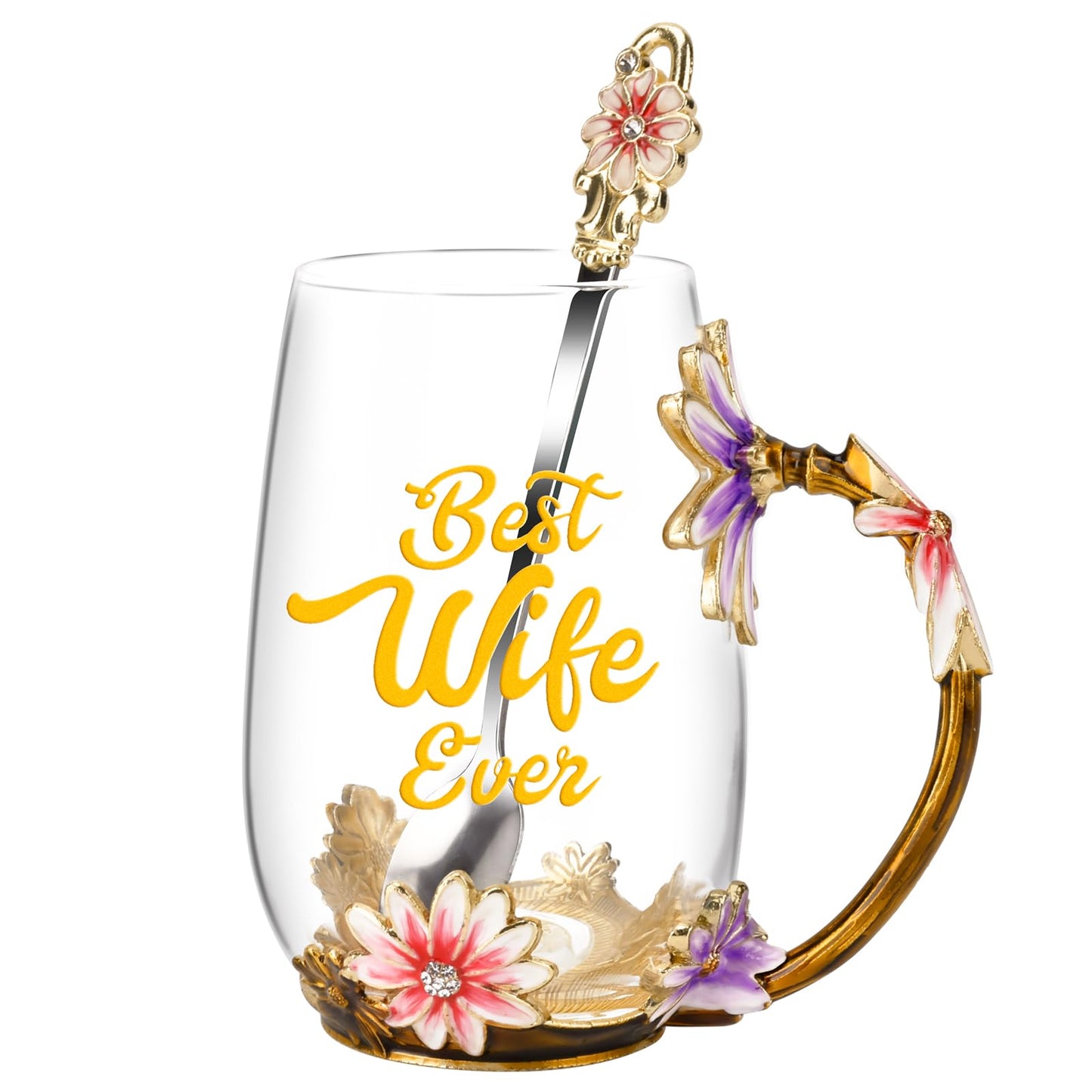 OEAGO Gifts for Wife from Husband Romantic Tea Cup Gifts for Her Birthday Flower Glass Mugs Wedding Mothers Day Christmas Anniversary