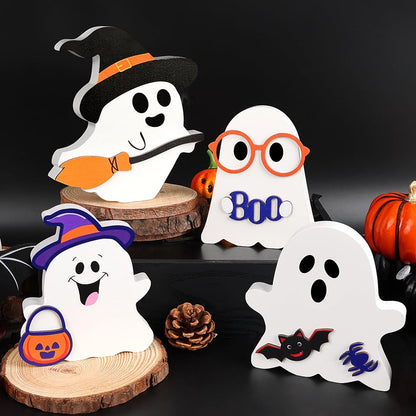 AKEROCK Cute Halloween Decorations Indoor - Halloween Decor/Ghost Decor, 4 PCS Wooden Ghost Halloween Signs for Table, Office Desk, Tiered Tray, Fireplace Mantle - Spooky Halloween Ghost Decorations