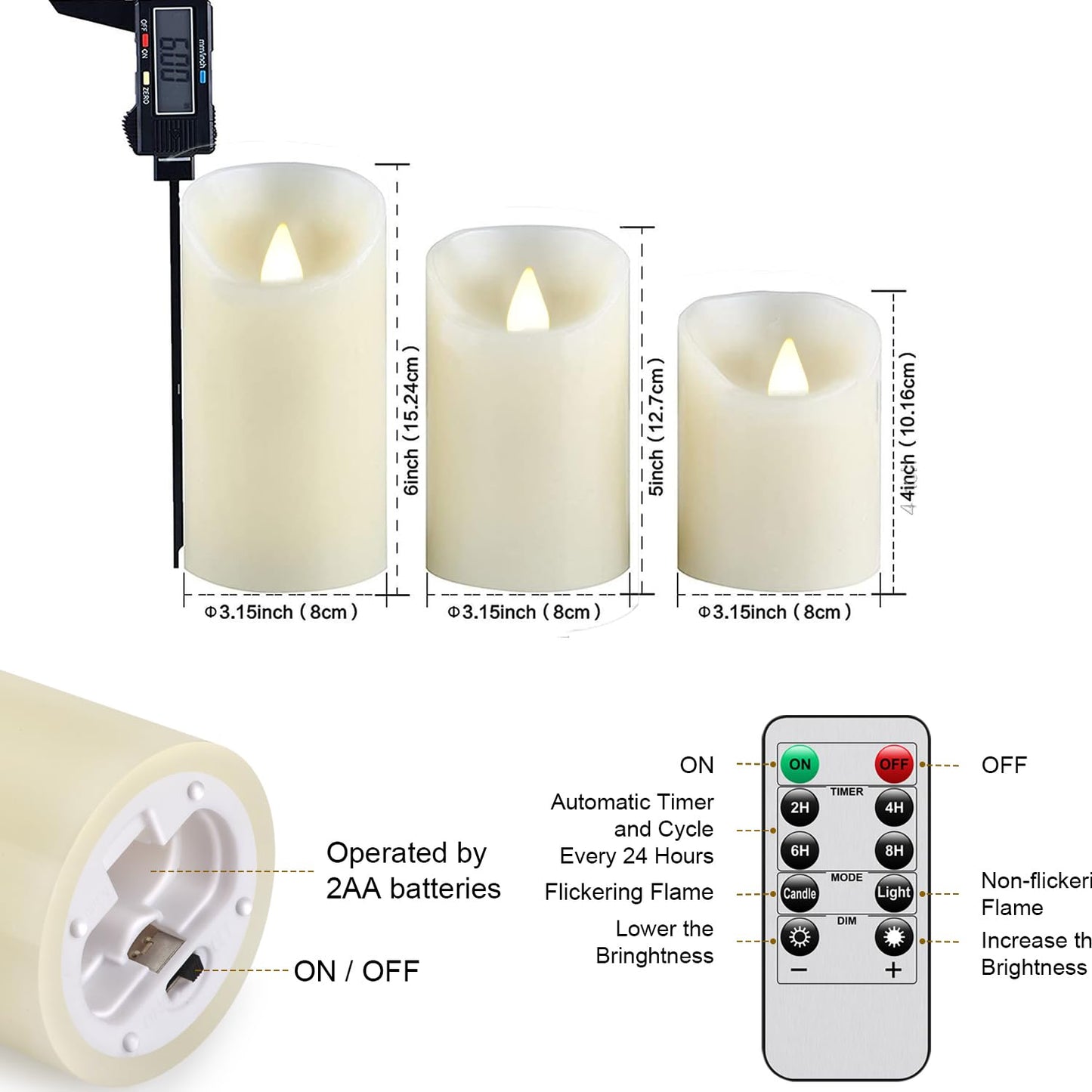 Biyanuo LED Candles, Flameless Battery Candles 4" 5" 6", Real Wax Pillars with 10 Key Remote Control and 24 Hour Timer (Ivory, 3 Pack)