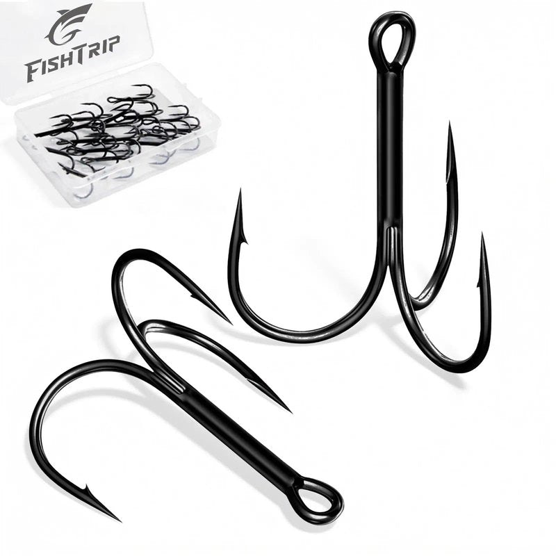 FishTrip 25pcs Fishing Treble Hooks, High Carbon Steel Triple Fishing Hooks with Ultra Brabed Sharp for Saltwater Freshwater Black, Treble Hook for Bass Trout Fishing Lures Replacement Size 16-4/0