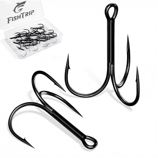 FishTrip 25pcs Fishing Treble Hooks, High Carbon Steel Triple Fishing Hooks with Ultra Brabed Sharp for Saltwater Freshwater Black, Treble Hook for Bass Trout Fishing Lures Replacement Size 16-4/0