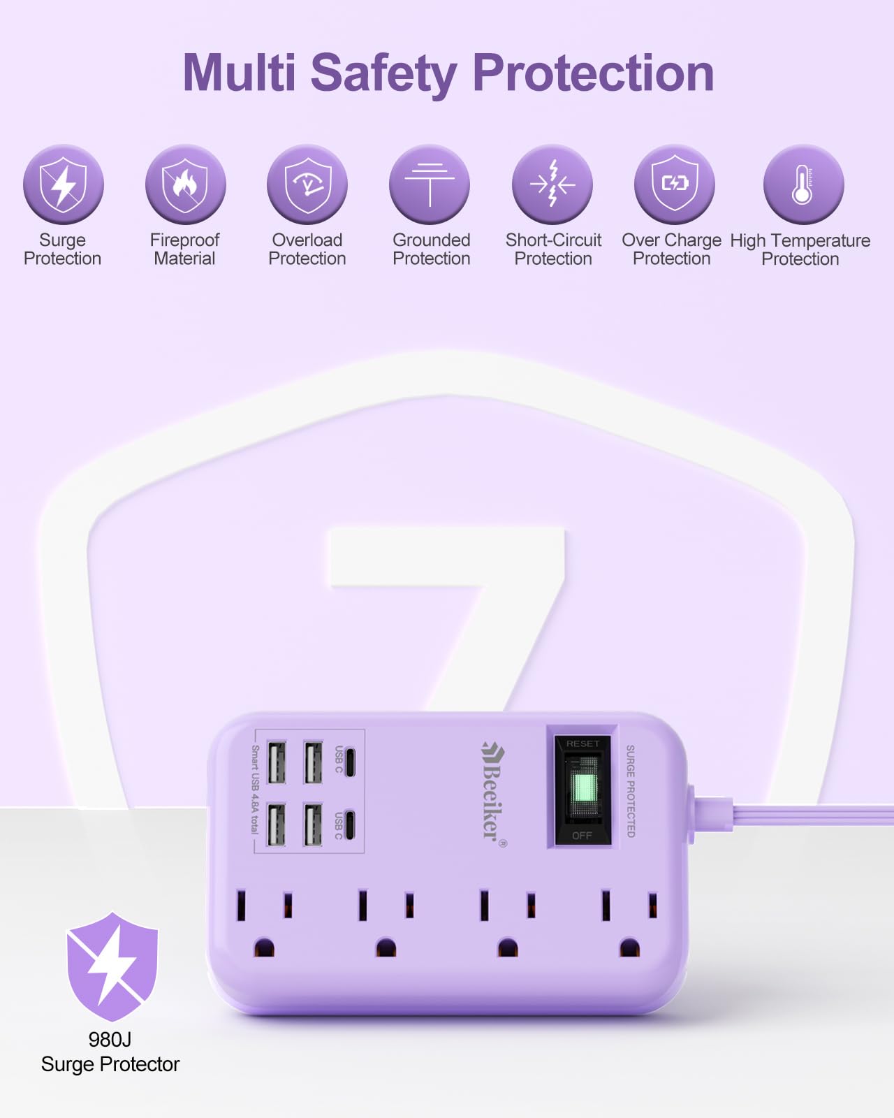 6 USB(2 USB C) Purple Travel Power Strip- 5Ft Lavender Extension Cord with 24W USB Charging Station and 4 Outlets, Purple Desk Accessories with Surge Protector for Cute Kawaii Office Dorm Room