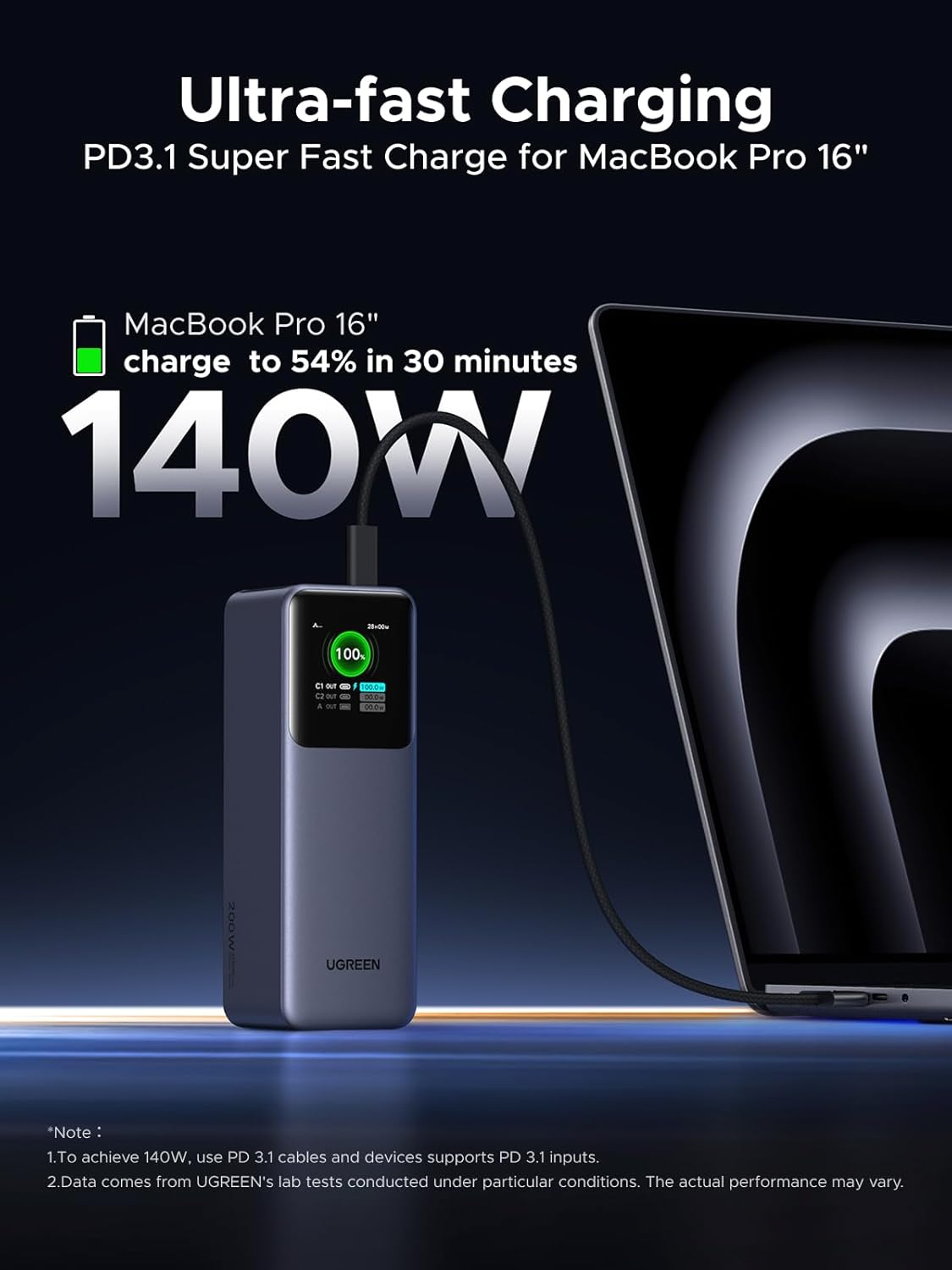 UGREEN Nexode Power Bank 25000mAh 200W Laptop Portable Charger PD 3.1 Fast Charging 90Wh 3-Port Battery Pack with TFT Smart Display for MacBook Pro/Air/ipad/iPhone 17/16/Samsung S24/Dell/HP and More