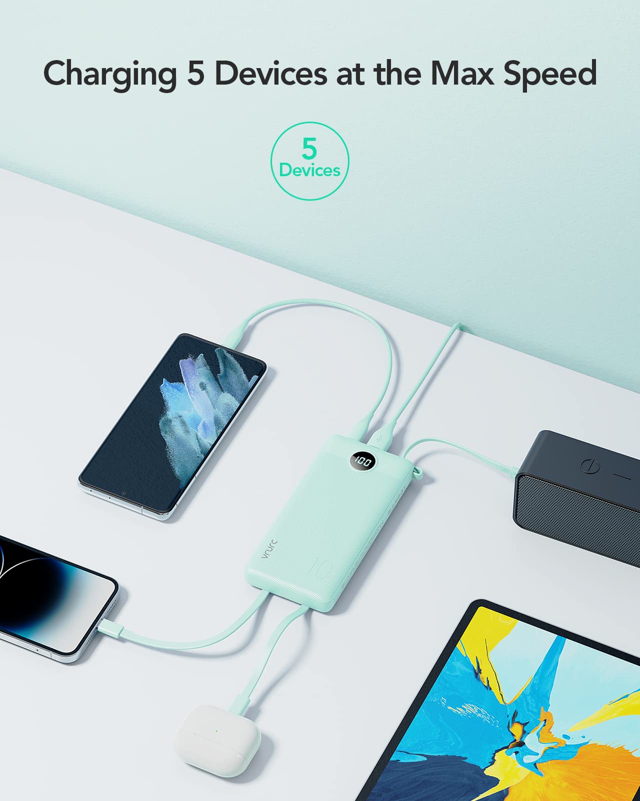 VRURC Portable Charger with Built in Cables, Slim Power Bank 10000mAh, USB C Battery Pack Travel Essential, 5 Outputs 2 Inputs Phone Charging Bank for iPhone 16 15 14 13,Samsung,Android-Black(1 Pack)