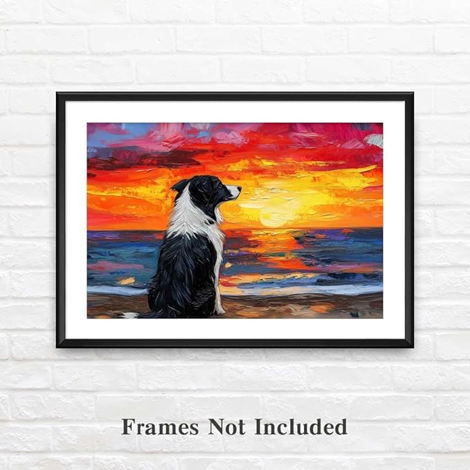 Yesad Dog Wall Art, Border Collie Painting Sunset Beach Canvas Print Impressionist Artwork Colorful Poster Pictures Gift for Dog Lover Wall Décor for Living Room Bedroom (Unframed,36”x24”, Dog1)