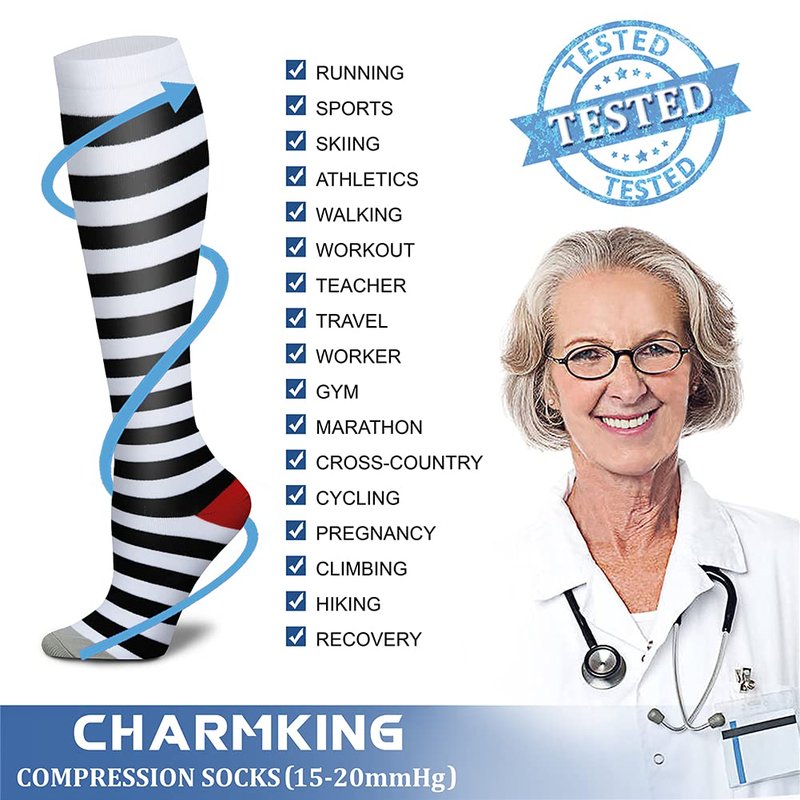 CHARMKING Compression Socks for Women & Men (8 Pairs) 15-20 mmHg Graduated Copper Support Calf Socks are Best for Pregnant, Nurses - Boost Performance, Circulation, Knee High Wide Calf(S/M, Multi 13)