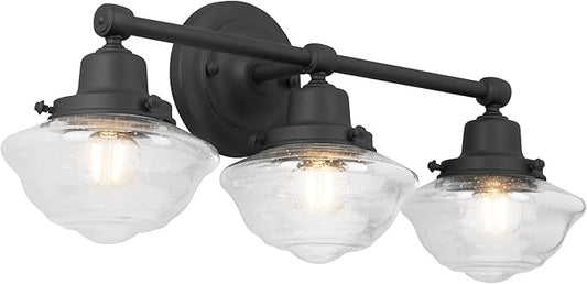 Design House Vintage-Inspired Schoolhouse 3-Light Dimmable Vanity Light, 23.125 in x 7.625 in x 9.5 in, Matte Black, Clear Seeded Glass Shades, 589143-BLK