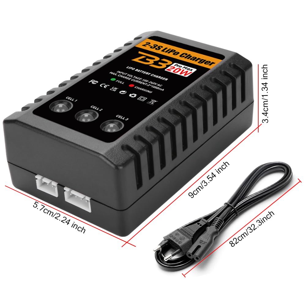 HTRC Lipo Battery Charger, 20W Lipo Charger for 2-3S Lipo Battery Pack(7.4V-11.1V), Airsoft Battery Charger, Fast RC Balance Charger for RC Car, Airsoft Gun, RC Boat, Etc