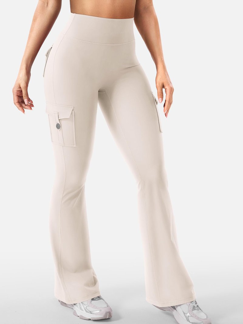 YEOREO CoreFlex Women Workout Flare Leggings with Pockets Hidden Scrunch High Waisted Cargo Gym Yoga Leggings Light Khaki XXL