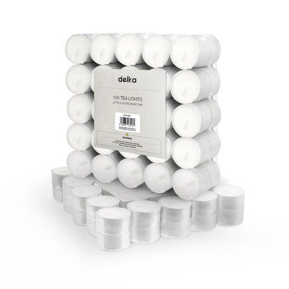 delka Unscented Tea Lights White- Long-Lasting 8 Hour Burn Time-Smoke-Free Bright Flame -Ideal for Weddings, Events, Aromatherapy, Home Décor, and Emergency Use-Premium Quality (White, Pack of 100)