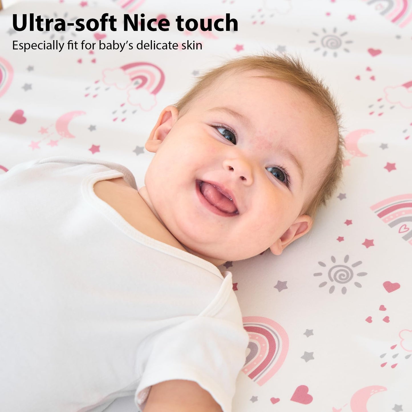 FIEMOL Next to Me Crib Sheets 85x51cm Fitted, 3 Pack Baby Cot Sheets, Ultra Soft & Silky Smooth Microfiber Bedside Crib Fitted Sheets Pink Rainbow