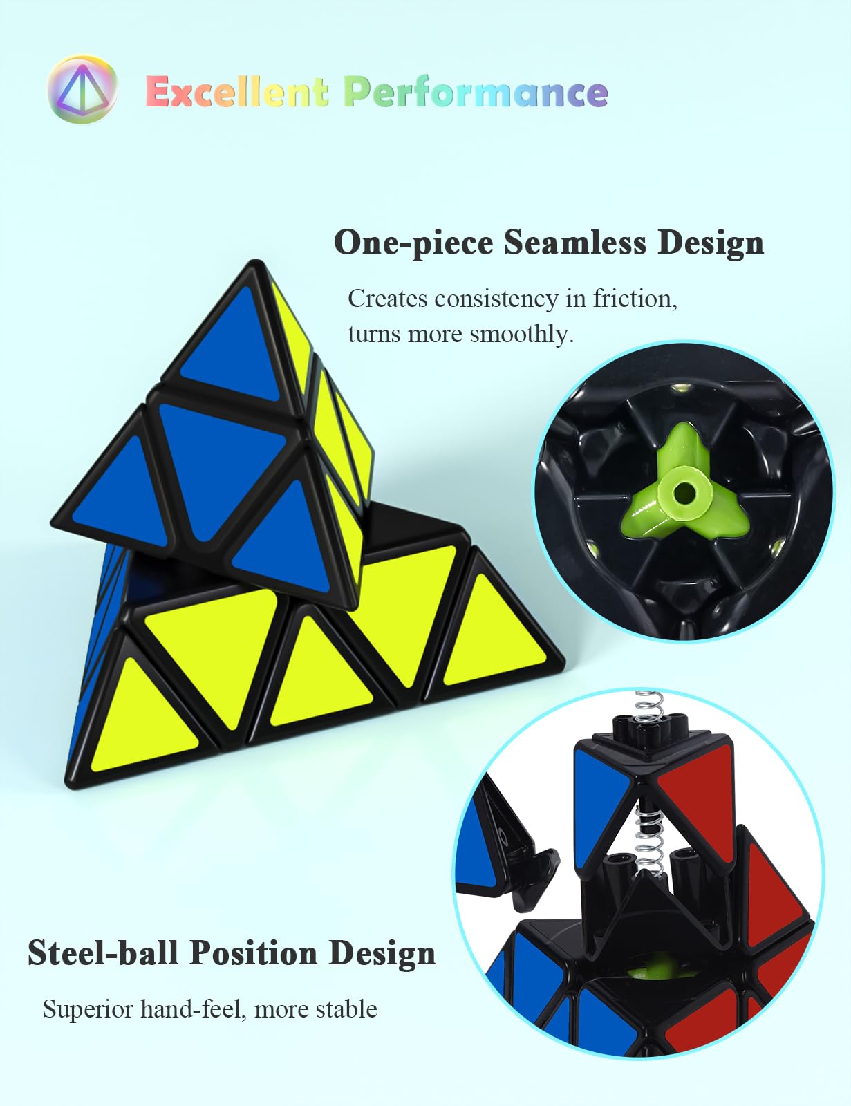 ROXENDA Speed Cube Set, 2X2 3X3 Pyramid Speed Cube Stickerless Fast Cube with Instruction (Sticker cube set)