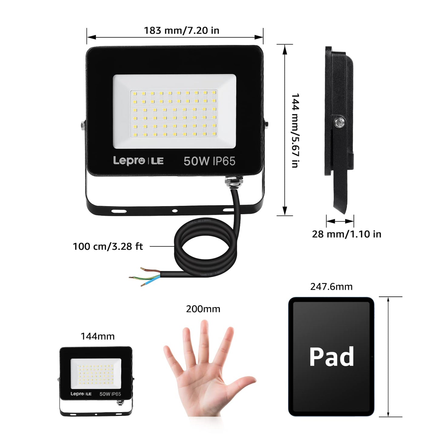 Lepro 50W Led Floodlight Outdoor, 5000lm LED Security Lights, 350W Incandescent Lamp Equivalent, Waterproof IP65, Daylight White Outdoor Lights for Garden Backyard [Without Sensor]