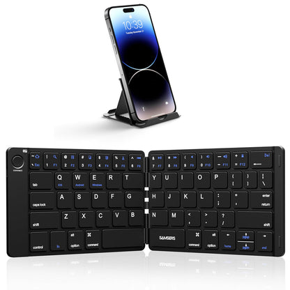 Samsers Foldable Bluetooth Keyboard - Portable Wireless Keyboard with Stand Holder, Rechargeable Full Size Ultra Slim Folding, Compatible iOS Android Windows Smartphone Tablet and Laptop - Black