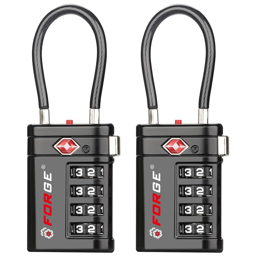 Forge TSA Approved Luggage Locks 4 Digit Combination TSA Travel Locks with TSA008, Open Alert Indicator, Zinc Alloy Body for Luggage, Suitcase, Backpack, and More. Black 2 Locks.
