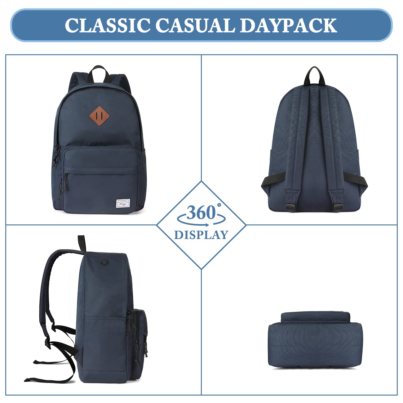 Kasgo School Backpack, 15.6 Inch Classic Lightweight Water-Resistant Rucksack Backpack for Men Women Teens Girls Boys Kids to School, College, Travel, Work, Sapphire Blue