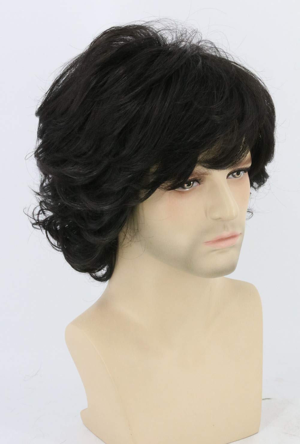 Topcosplay Men's Wigs Black Short Wavy Shaggy Style Layered Cosplay Halloween Costumes Male 70s Disco Hippie Wig