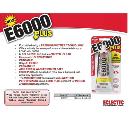 E6000 Eclectic Products inc. Plus Multi-purpose Clear Glue, Waterproof and Paintable, Strong Flexible Craft Adhesive for Wood, Glass, Fabric, Ceramic, Metal and More, 26.6ml