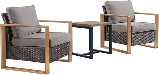 Rilyson 3 Piece Wicker Patio Furniture Set,Patio Bistro Set with 2 Rattan Armrest Chairs and 1 Side Table,Sturdy Frame,All-Weather PE Wicker,Wide Armrest,Deep Seating and Thick Cushions(Brown/Grey)