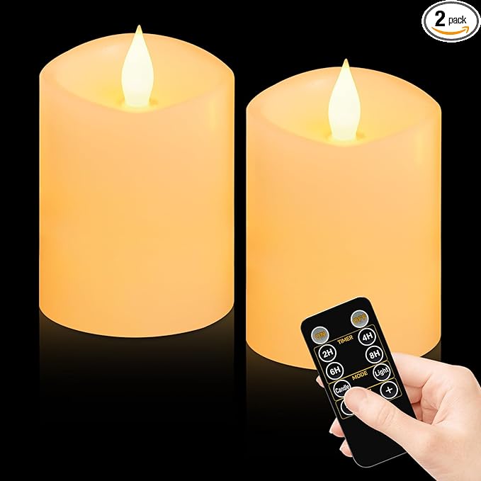 3"x4" Flickering Flameless Battery Candles with Timer, Ivory Realistic LED Pillar Candles, Set of 2 Large Remote-Operated Candles for Home Indoor/Outdoor & Holiday Decor